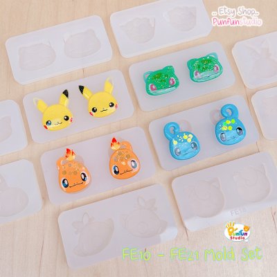 FE 10-13 Mold Set / 4 Molds / Pika Bulba Chamand Squirt / Poke Starter / Face Earring Mold / Pokemold / Silicone Mold / UV Resin Mold