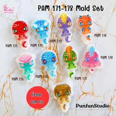 PAM 171-178 Cute Dino Mold  / Set 8 Molds + Special Mold PAM 170 / Dinosaur / Painting Anime Mold / Silicone Mold