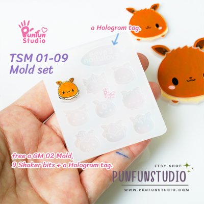 TSM 01-09 Mold Set / free a GM 02 Mold, 9 Shaker bits + a Hologram tag / Eev Tsum Tsum / Pokemold / Silicone Mold