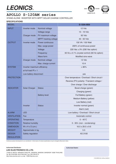 โซลาร์อินเวอร์เตอร์ LEONICS S-120A-M59 เครื่องแปลงกระแสไฟฟ้าชนิดติดตั้งอิสระพร้อมควบคุมการประจุกระแสไฟฟ้าแบบ MPPT
