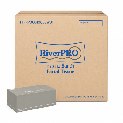 กระดาษเช็ดหน้ากล่องเหลี่ยม 2 ชั้น 170 แผ่น Riverpro (36 กล่อง / ลัง)