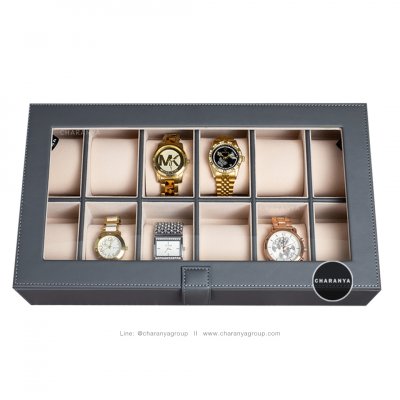กล่องใส่นาฬิกา 12 เรือน Premium 12 Slots Watches Box Organizer  กล่องสะสมนาฬิกา หมอนนิ่ม รองรับหน้าปัด 50มม. ใส่นาฬิกาเรือนใหญ่ได้ กล่องนาฬิกาสีเทา
