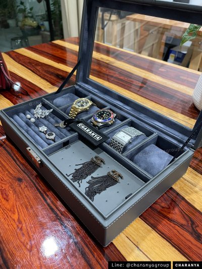 รีวิวกล่องเครื่องประดับ กล่องนาฬิกา สีเทา มีช่องใส่แหวน และช่องใส่เครื่องประดับต่าง ๆ กล่องใส่แว่น พร้อมกุญแจล็อค หรูหรา งานสวย เนื้องานดี ผลิตด้วยวัสดุเกรดดี เนื้องานสวย watch and jewelry Storage - Gray