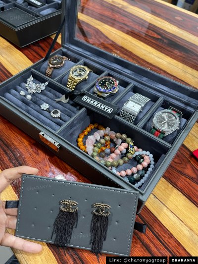 กล่องเครื่องประดับ กล่องนาฬิกา สีเทา มีช่องใส่แหวน และช่องใส่เครื่องประดับต่าง ๆ พร้อมกุญแจล็อค หรูหรา งานสวย เนื้องานดี ผลิตด้วยวัสดุเกรดดี เนื้องานสวย watch and jewelry Storage - Gray