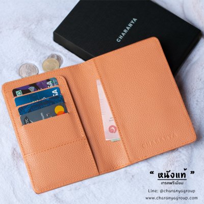 Passport Holder ที่ใส่พาสปอต กระเป๋าพาสปอต  ใส่แบงค์ ใส่บัตรเครดิต ใส่พาสปอร์ต พรีเมี่ยม หนังแท้ สีสม โอรส พาสเทล Line: @charanyagroup TEL: 093-6699642