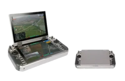 Gray handheld integrated ground stations shows car and screen birdview on the screen 