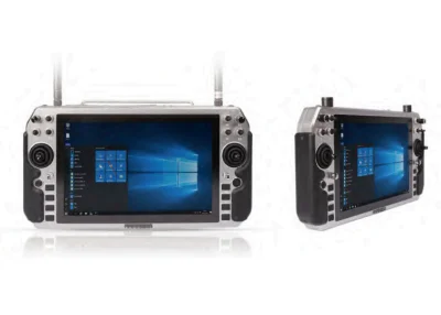 White and black handheld integrated ground station with dark blue background screen 