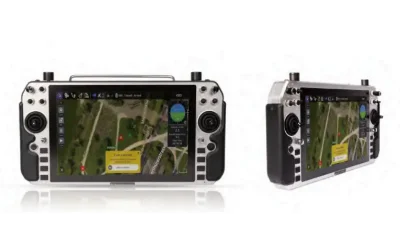 White and black handheld integrated ground station with map  background screen 