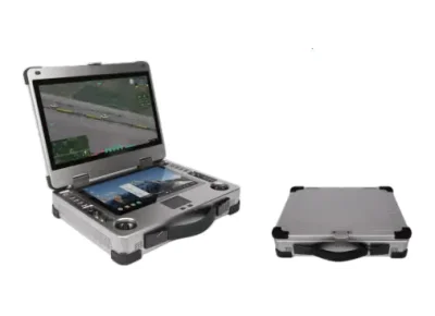 Light gray dual screen ground station shows car and streets in the screen