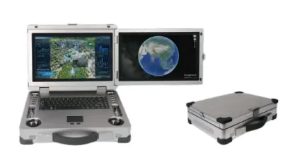 Light grey dual screen ground station with earth globe and maps inside 