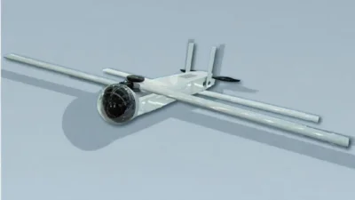 Kamikaze drone with black oval tube in front and four wings by its side