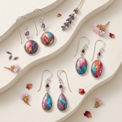 Blended Turquoise and Orange Spiny Oyster & Amethyst Sterling Silver Earrings