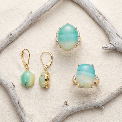 Blue Petrified Wood Opal & White Zircon 18K Yellow Gold Sterling Silver Cocktail Ring