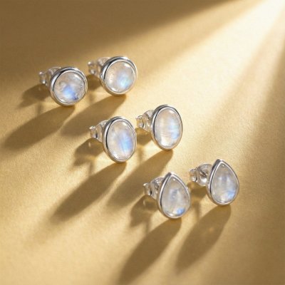 Sterling Silver Rainbow Moonstone Stud Earrings