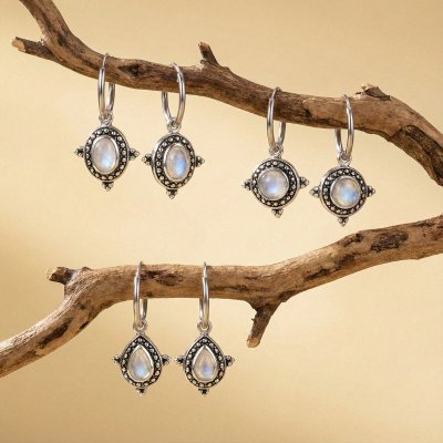 Sterling Silver Rainbow Moonstone Hoop Earrings