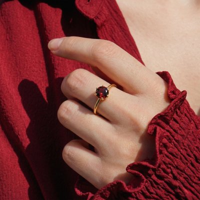 Sterling Silver Red Garnet Ring Over 18k Yellow Gold Plated