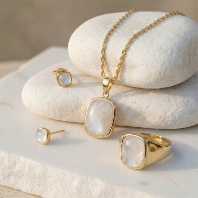 Sterling Silver Rainbow Moonstone Pendant Over 18K Yellow Gold Plated with Chain 18 Inches