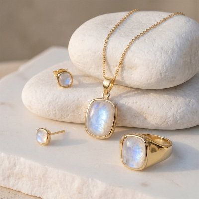 Rainbow Moonstone 18K Yellow Gold Plated Sterling Silver Rectangle Pendant Necklace