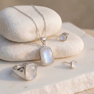 Rainbow Moonstone Sterling Silver Rectangle Pendant Necklace