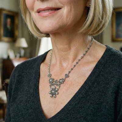 Sterling Silver Freshwater Pearl and Marcasite Flower Necklace 18+2 Inches