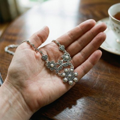 Sterling Silver Freshwater Pearl and Marcasite Flower Necklace 18+2 Inches