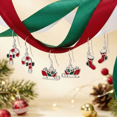 Sterling Silver Christmas Xmas Sleigh Enamel Earrings