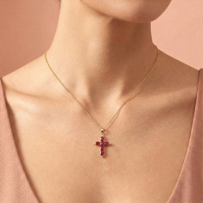 Sterling Silver Dyed Ruby Red Corundum Cross Pendant Over 18K Yellow Gold Plated With Chain 18 Inches