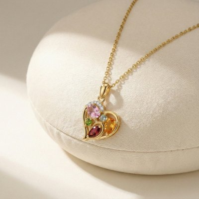 Sterling Silver Multi Gemstone Heart Pendant Over 18K Yellow Gold Plated With Chain 18 Inches