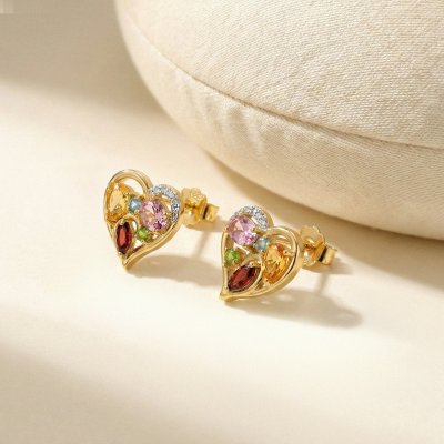 Sterling Silver Multi Gemstone Heart Earrings Over 18K Yellow Gold Plated