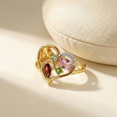 Sterling Silver Multi Gemstone Heart Ring Over 18K Yellow Gold Plated