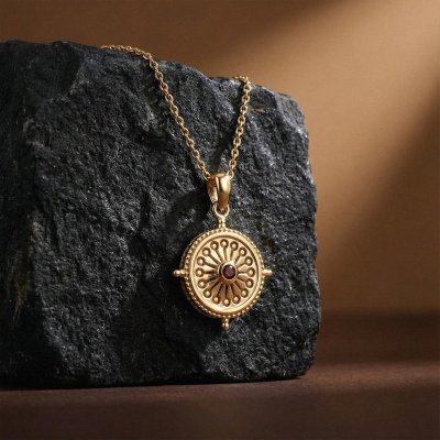 Sterling Silver Garnet Yellow Gold Plated Pendant With Chain 18 Inches