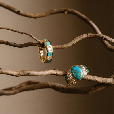 Sterling Silver Mohave Blue Turquoise & White Topaz  Ring Over 18K Yellow Gold Plated