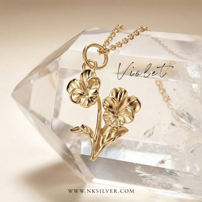 Sterling Silver Violet Pendant Over 18K Yellow Gold Plated With Chain 18 Inches
