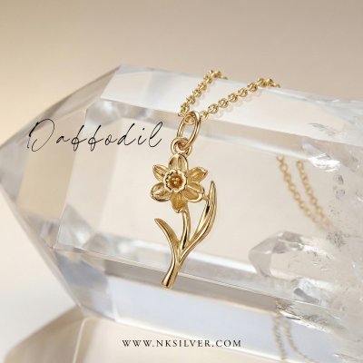 Sterling Silver Daffodil Pendant Over 18K Yellow Gold Plated With Chain 18 Inches