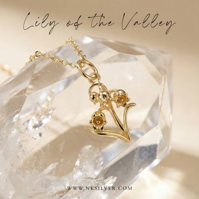 Sterling Silver Lily Of The Valley Pendant Over 18K Yellow Gold Plated With Chain 18 Inches