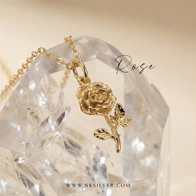 Sterling Silver Rose Pendant Over 18K Yellow Gold Plated With Chain 18 Inches
