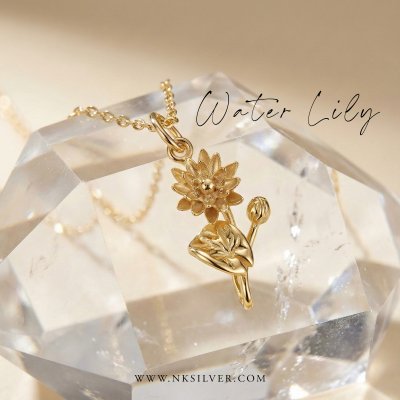 Sterling Silver Water lily Pendant Over 18K Yellow Gold Plated With Chain 18 Inches