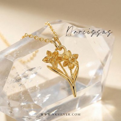 Sterling Silver Narcissus Pendant Over 18K Yellow Gold Plated With Chain 18 Inches