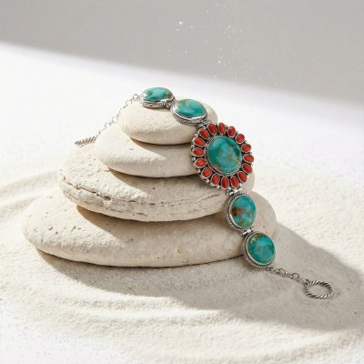 Sterling Silver Turquoise With Red Coral Southwestern Bracelet 7.5 Inches