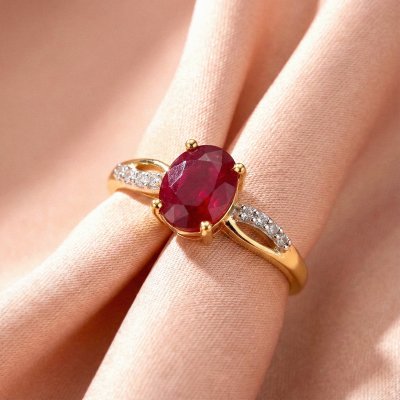 Sterling Silver Ruby With White Zircon Ring Over 18K Yellow Gold Plated