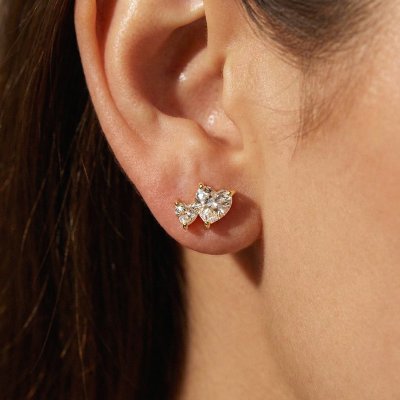 Sterling Silver White Cublic Zirconia Couble Heart Stud Over 18K Yellow Gold Plated