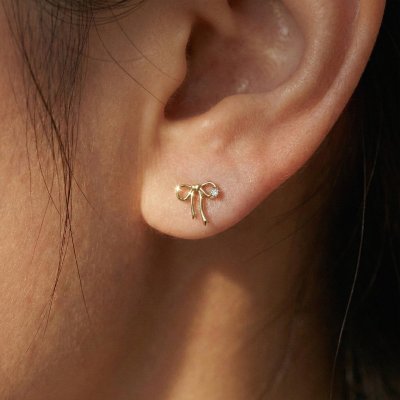 Sterling Silver White Cublic Zirconia Bow Stud Over 18K Yellow Gold Plated