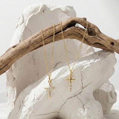 Sterling Silver White Cublic Zirconia Cross Pendant Over 18K Yellow Gold Plated with Chain 18 Inches