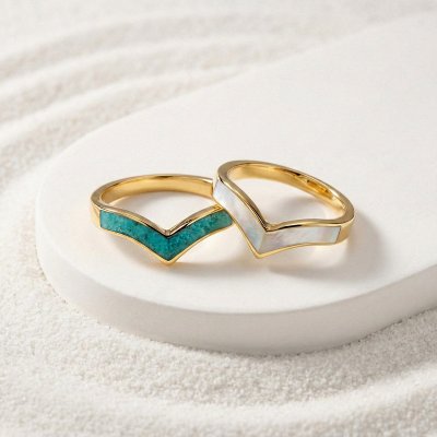 Sterling Silver Chevron Mother of Pearl Inlay Ring Over 18K Yellow Gold Plated