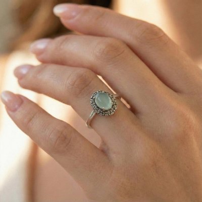 Sterling Silver Aquamarine Chalcedony With Marcasite Ring