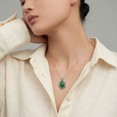 Sterling Silver Green Jadeite With Chrome diopside Pendant With Chain 18 Inches