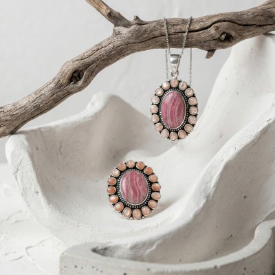 Sterling Silver Rhodochrosite & Pink Shell Pendant With Chain 18 Inches