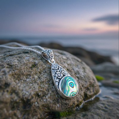 Sterling Silver Abalone Florwer Pendant With Chain 18 Inches
