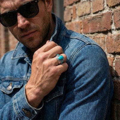 Sterling Silver Turquoise Leaf Men's Ring