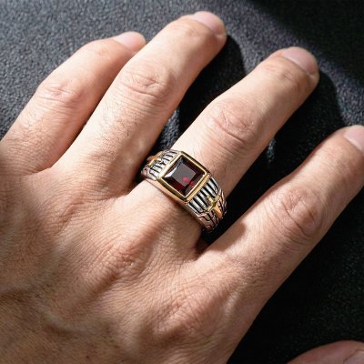 Sterling Silver Garnet Two-Tone Men's Ring